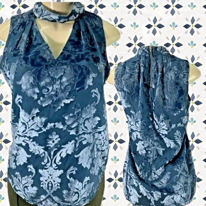 White House Black Market S/0 Teal Flocked Floral Velvet V-Choker Neck Tank Top