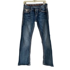 Rock Revival Ella Low Rise Boot Cut Faded Embroidered Distressed Jeans Size 27