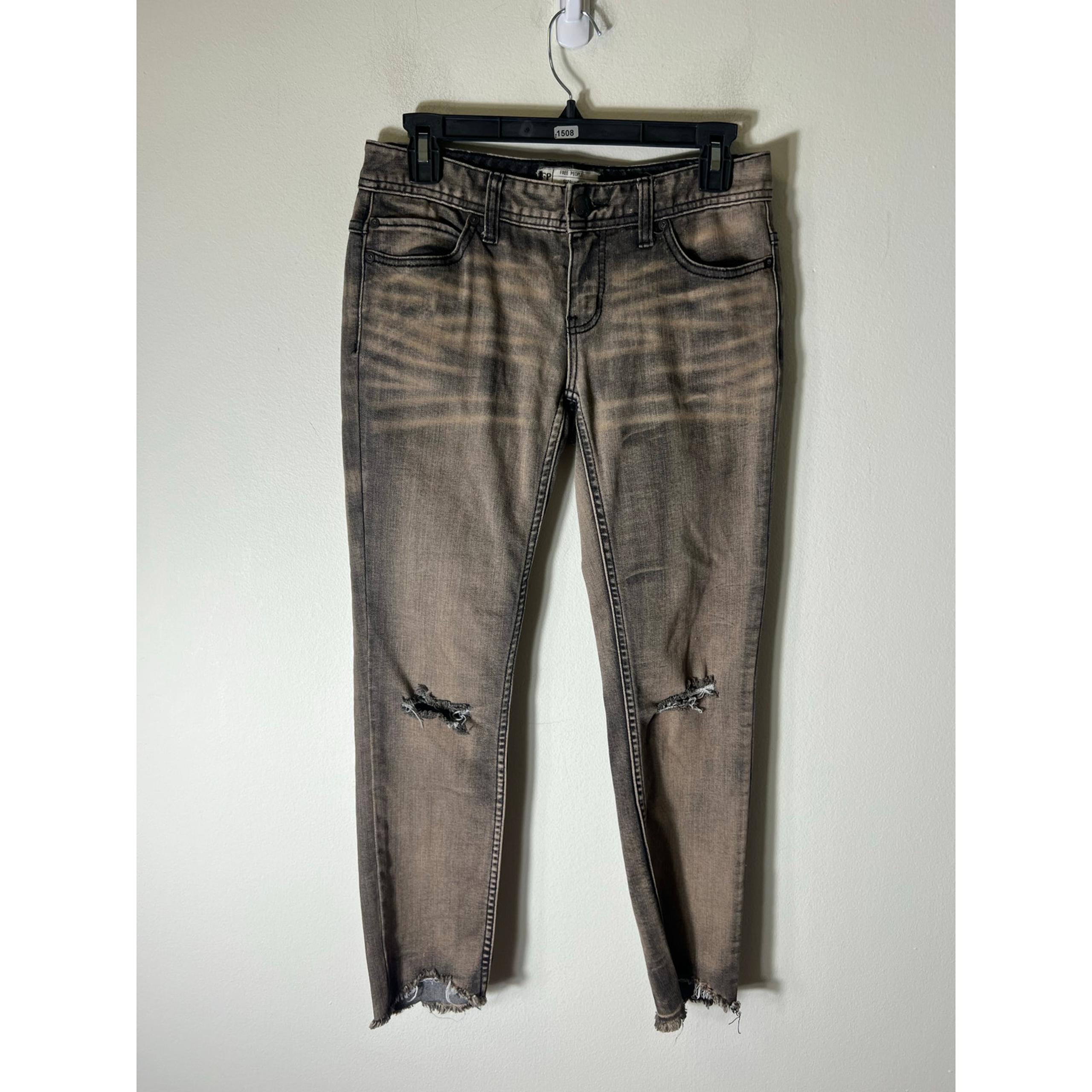 Free People Black Tan Distressed Denim Jeans Sz 25