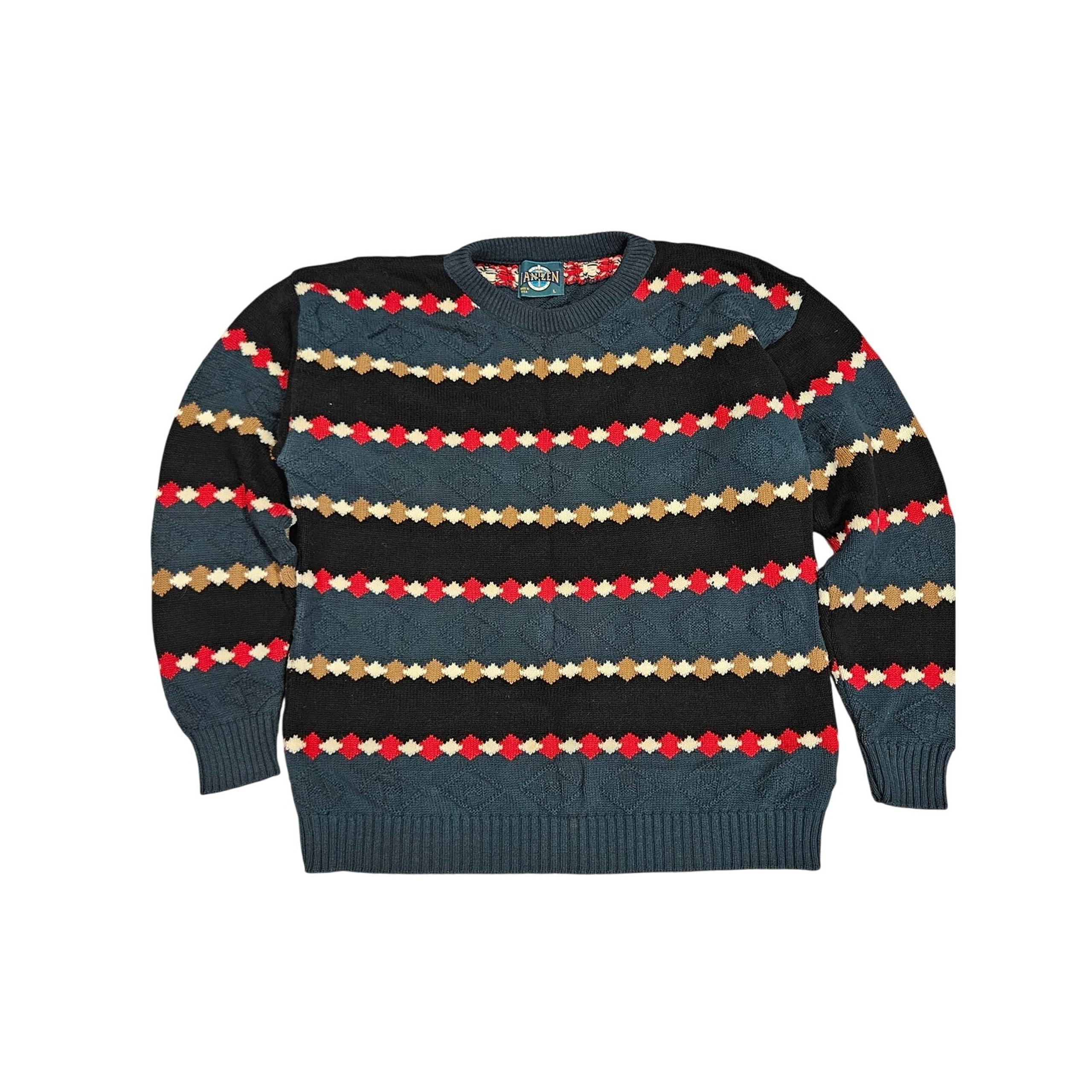 Vintage Mens Grandpa 3D Sweater Size Large Green Diamond Crew Neck - Jantzen