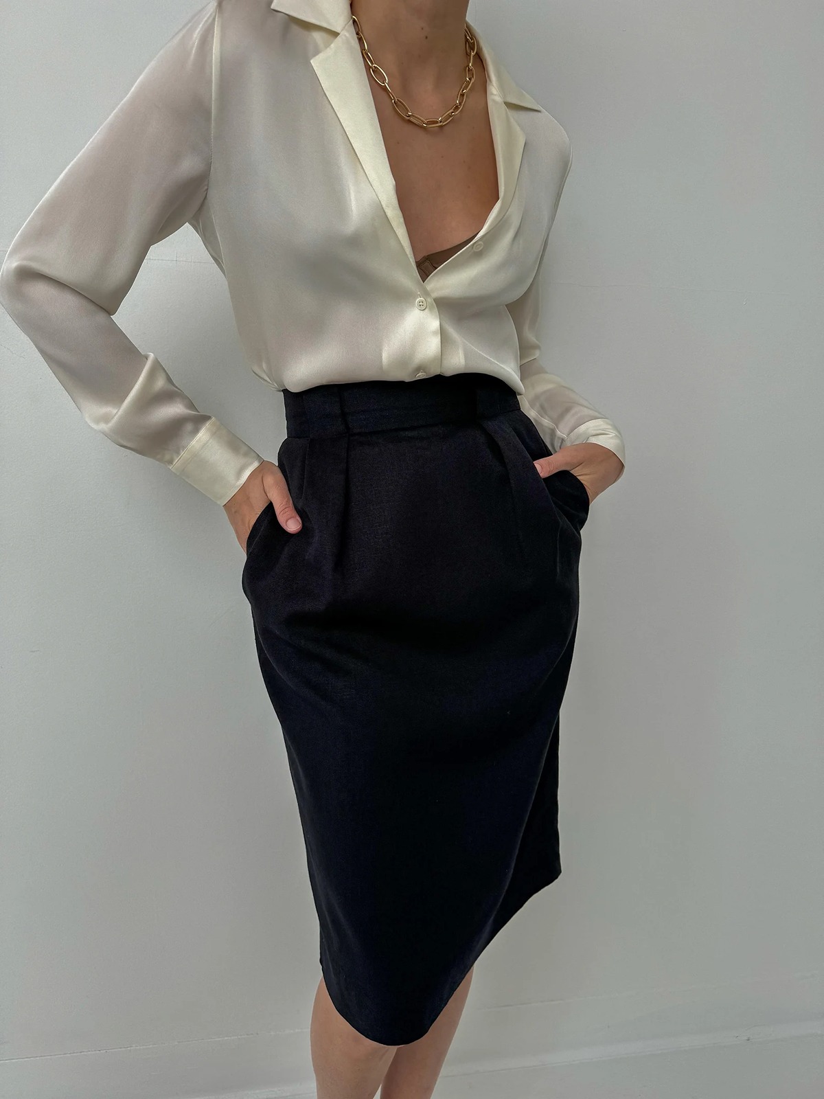 Vintage Obsidienne Linen Pencil Skirt