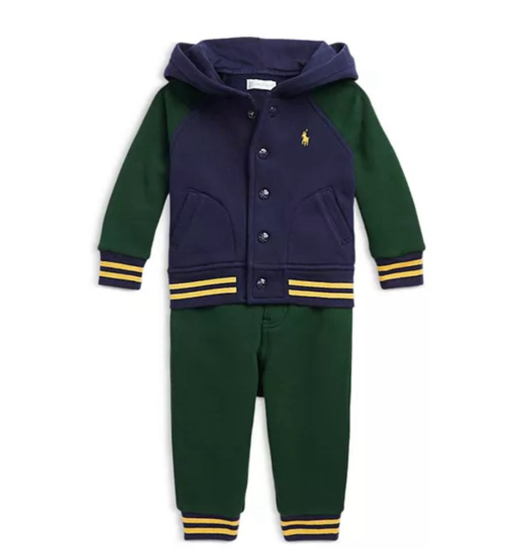 NWT Ralph Lauren Colorblock Fleece Jacket & Jogger Pants Set In Green & Navy 3M