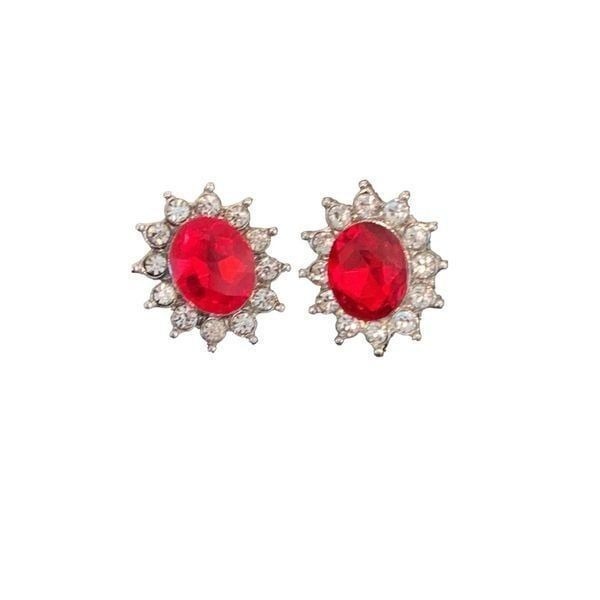 Glamorous Red Hot Ruby Stud Earrings with Sparkly CZ Halo & Gift Pouch NEW