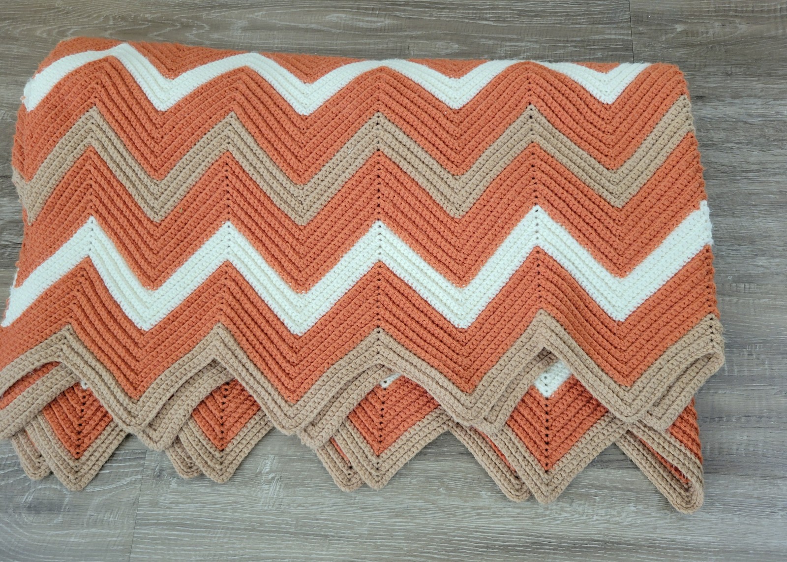 Crochet Afghan Chevron Blanket Throw 77 x 63 Orange/Beige/Cream