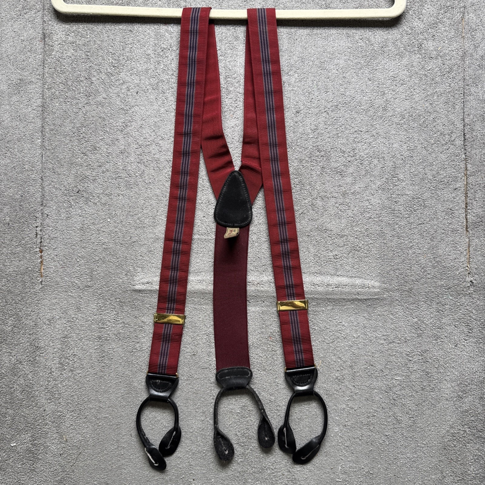 Trafalgar Suspenders Red Striped Button End Braces Leather Gold Brass Tone