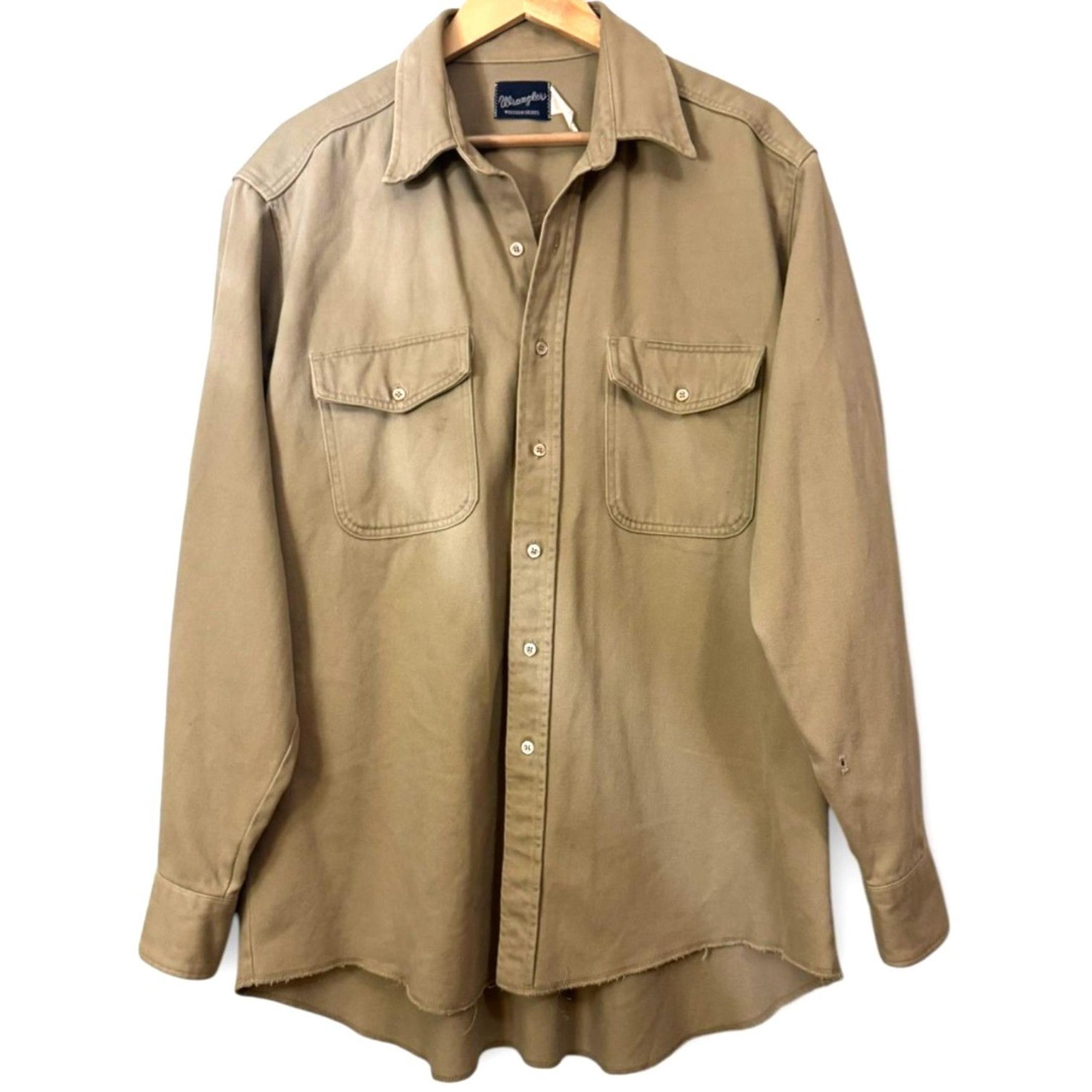 Western Shirt Vintage Mens XL-XXL Tan Canvas Cowboy Cut Rugged Work - Wrangler