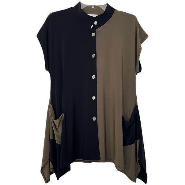 Joseph Ribkoff Trapeze Tunic 6 Lagenlook Asymmetric Artsy Top Black Olive Green