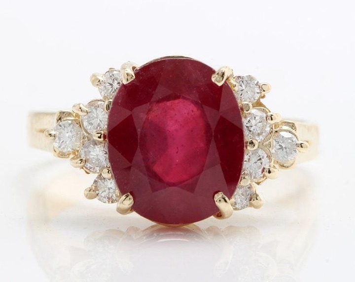 5.60Ct Natural Oval Red Ruby & Diamond Halo Solitaire Ring 14k Yellow Gold