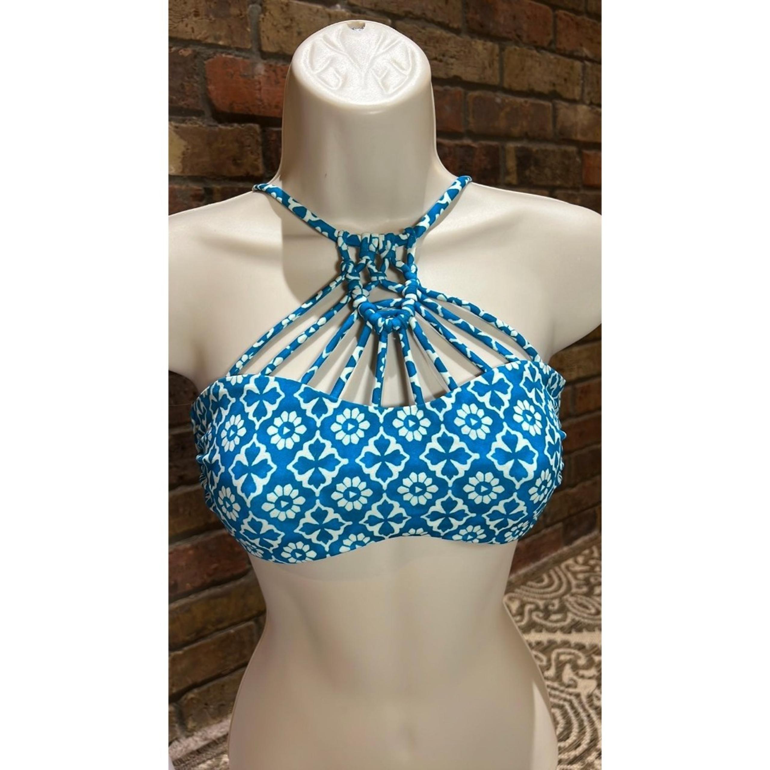 Tori Praver bikini top size large Teal Blue Geometric Design Crochet type floral