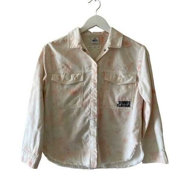 Zara Girls Smiley World Button Down Long Sleeves Tie Dye Fringe Distress Graphic