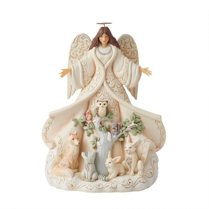 Jim Shore WHITE WOODLAND ANGEL WITH OPEN COAT AND ANIMALS-WINTER WELCOME 6012678