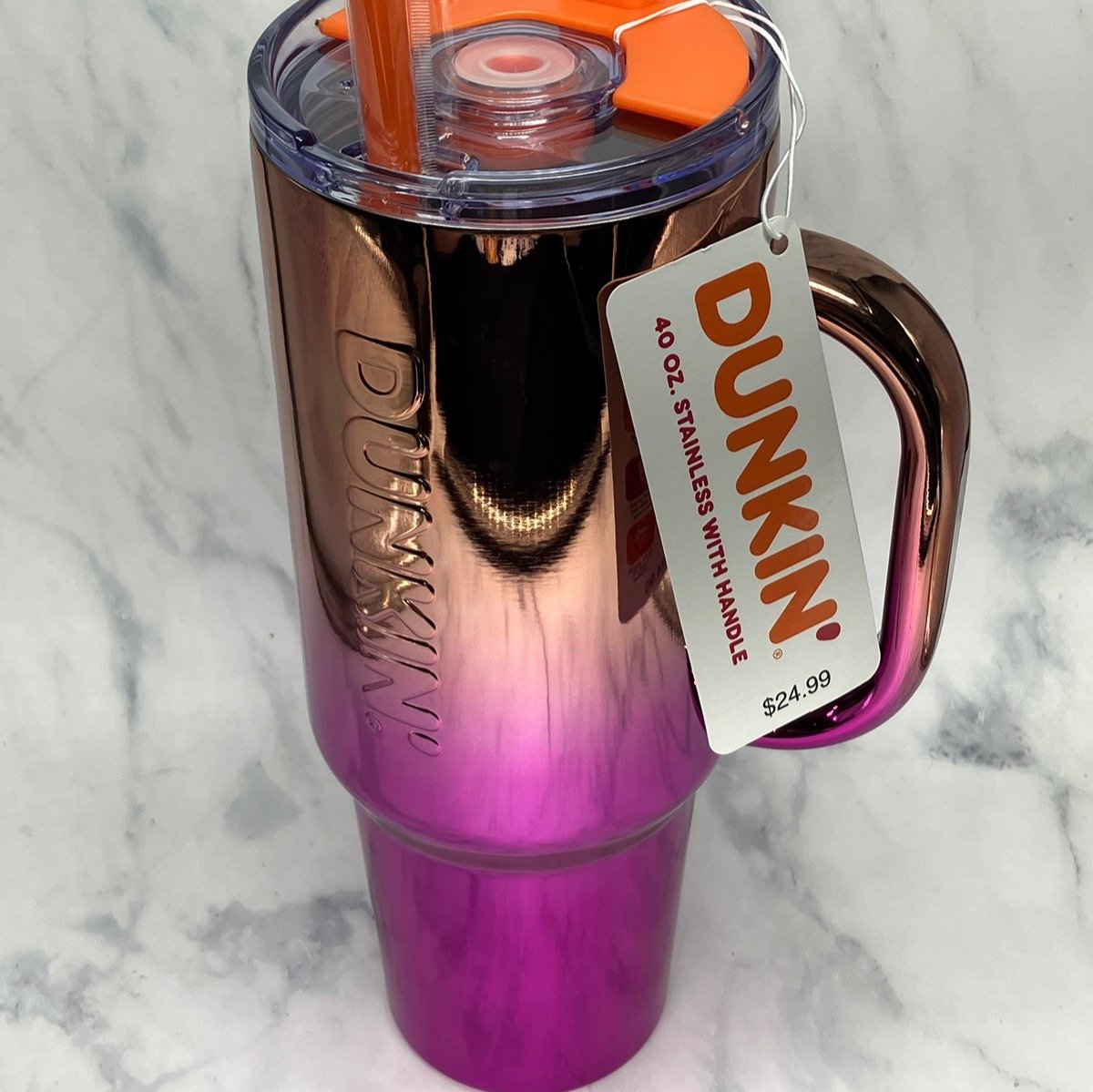 Dunkin stainless steel ombre tumbler with handle ORANGE/PINK