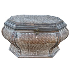 Vtg Woven Wicker Lidded Latch Wood Storage Basket Box