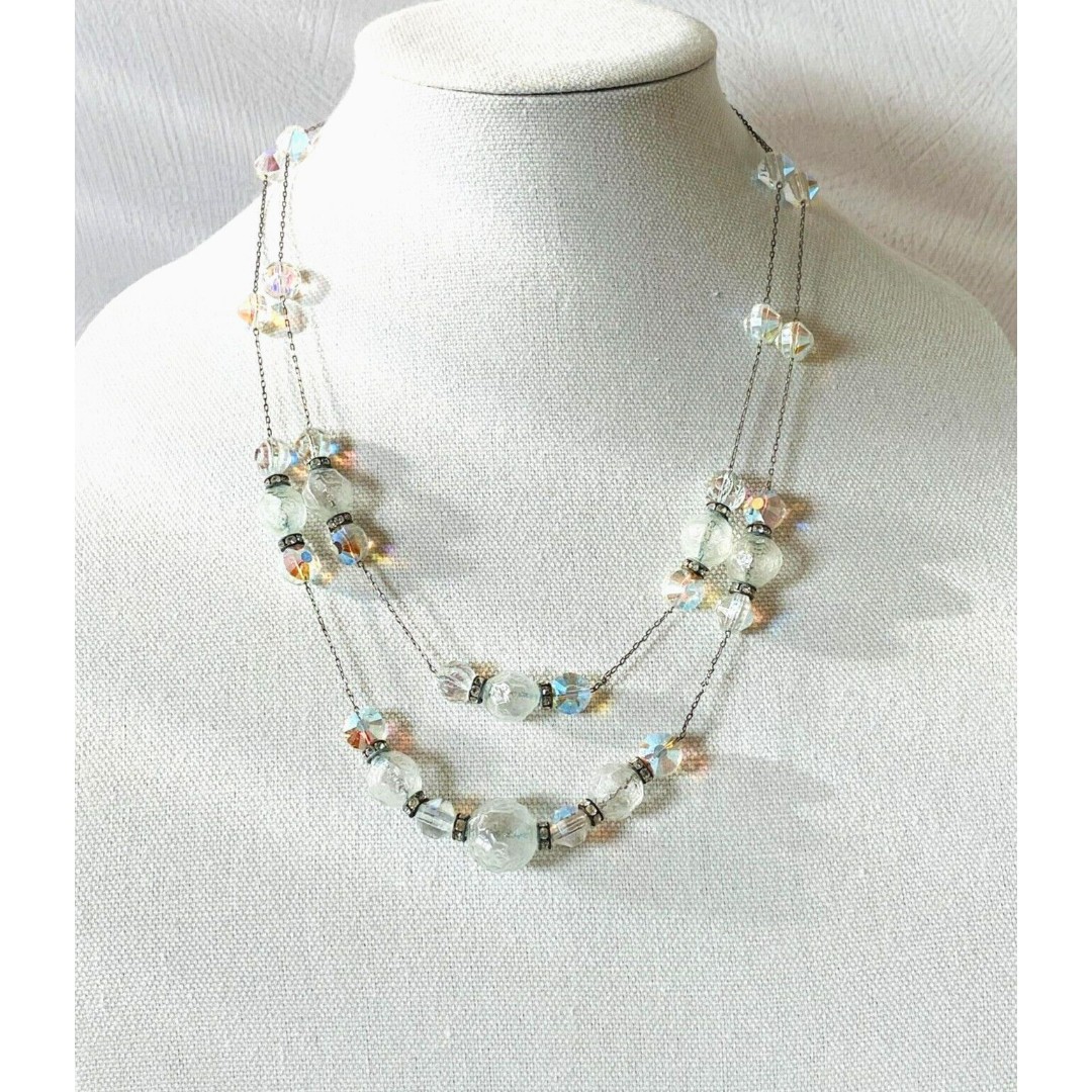 Signed Hobe Two Strand Necklace AB Crystal Rhinestone Roundel Stations