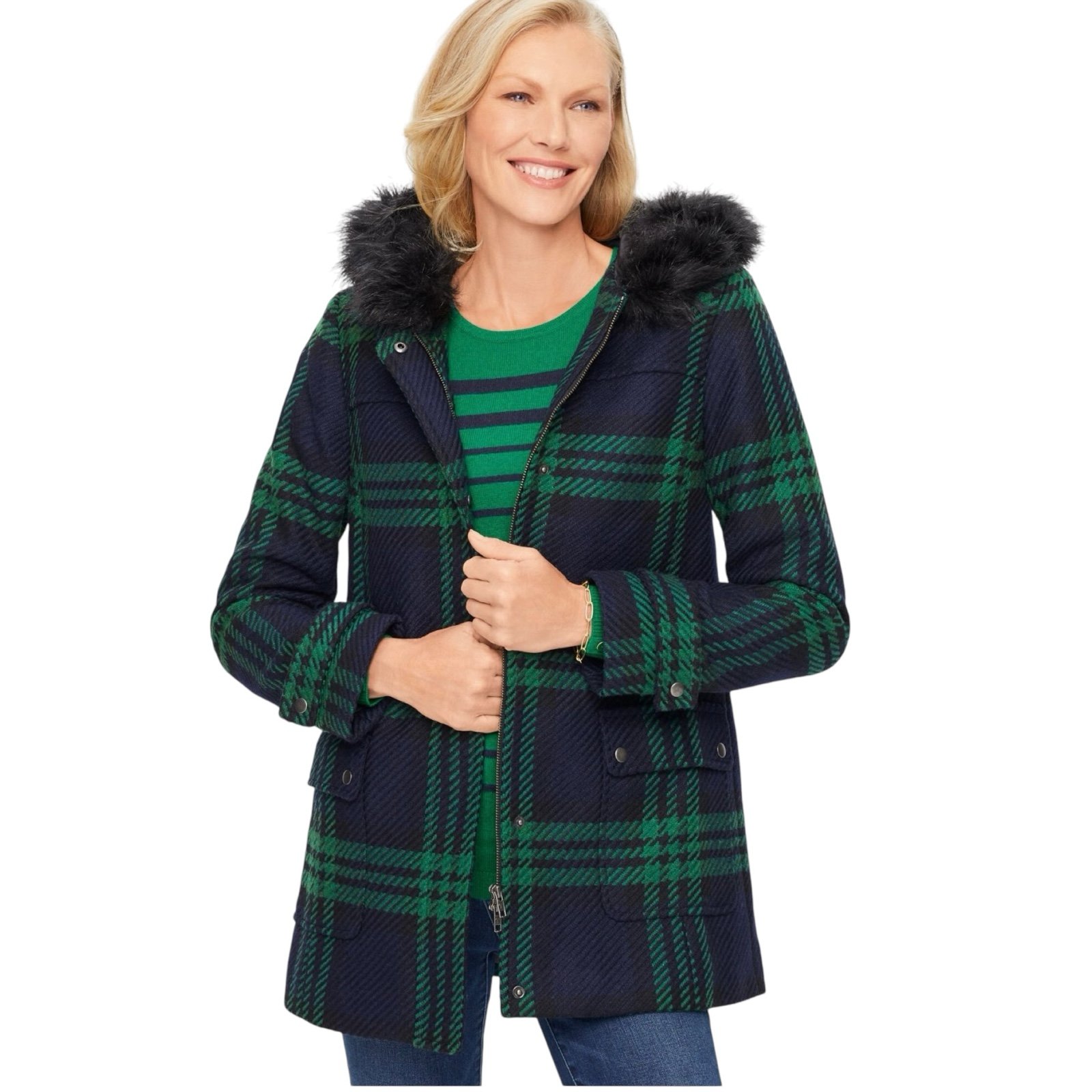Talbots Wool Blend Plaid Coat Jacket Fur Hood Blue Green Women’s Size 2 Winter