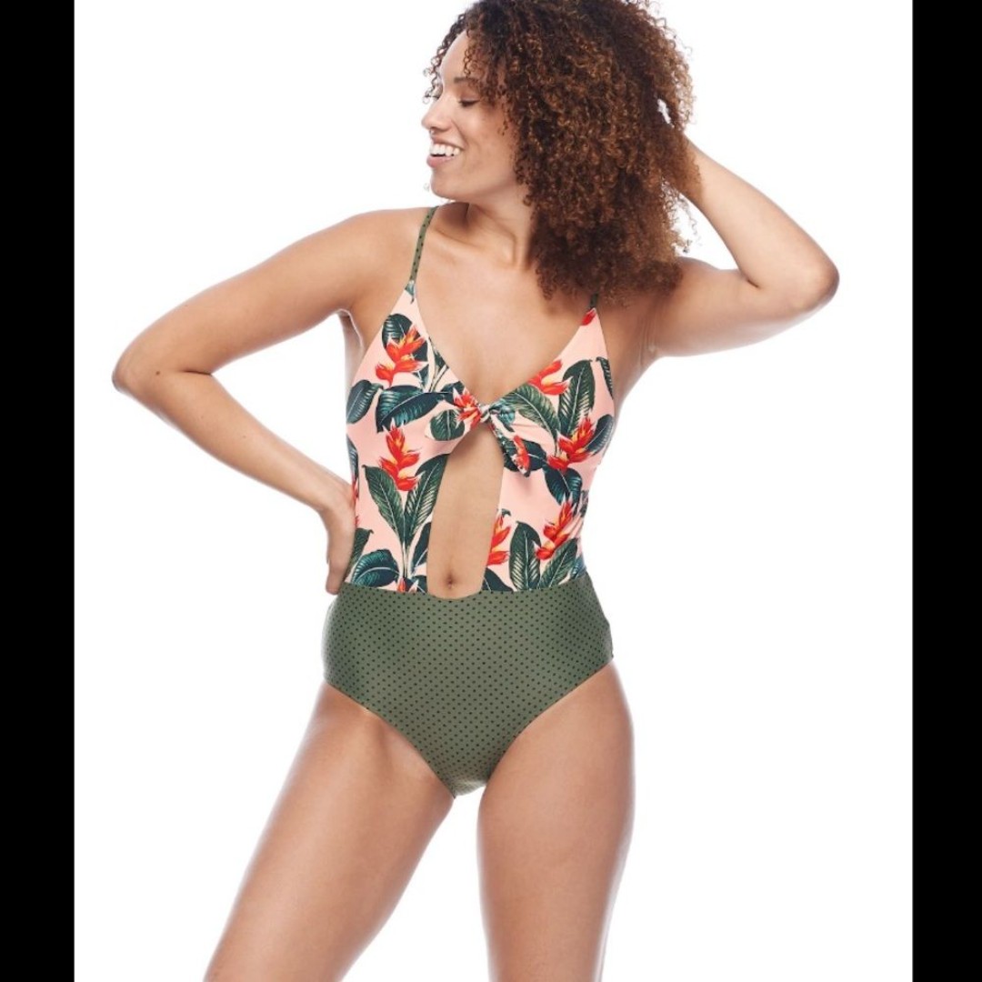 Body Glove Sweet Escape Aura Green Floral Keyhole Front One Piece Swimsuit XL