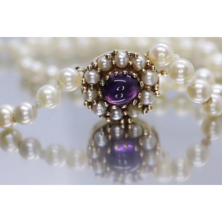 Victorian 6mm-10mm Pearl necklace with Amethyst and pearl seed 14k clasp. 24in