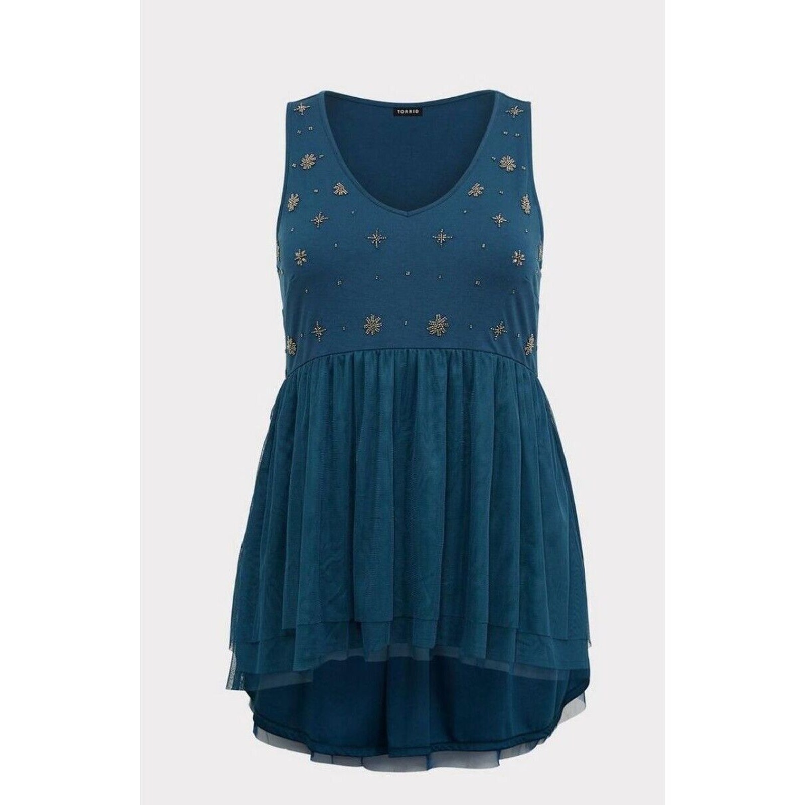 NWT Torrid Blue Mesh Embellished Babydoll Blouse Blue V-neck Sleeveless Stretch