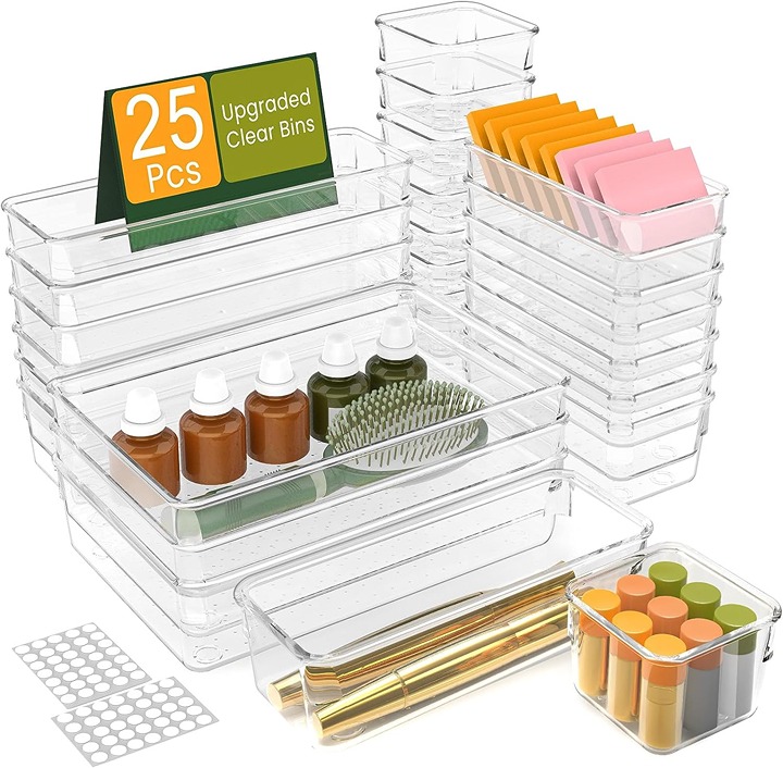 25PCS Extra Sturdy Clear Plastic Drawer Organizer Trays with 100pcs Non-Slip Pad