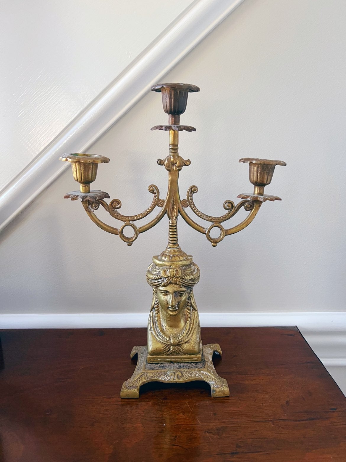 Antique Indian Brass 3-Arm Candleabra