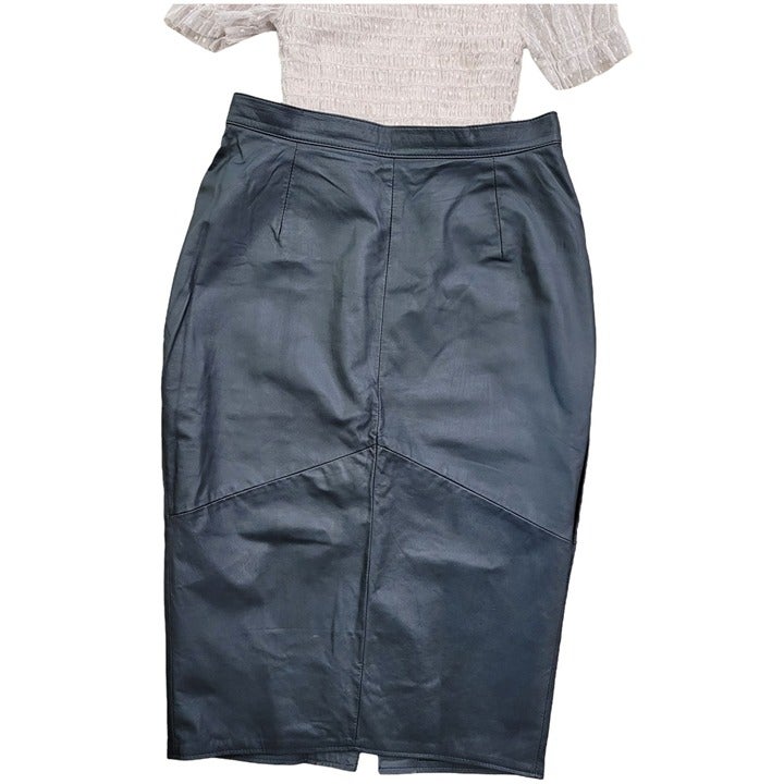 Women's Vintage RENOMA High Waist Pencil Black 100% Leather Skirt 44
