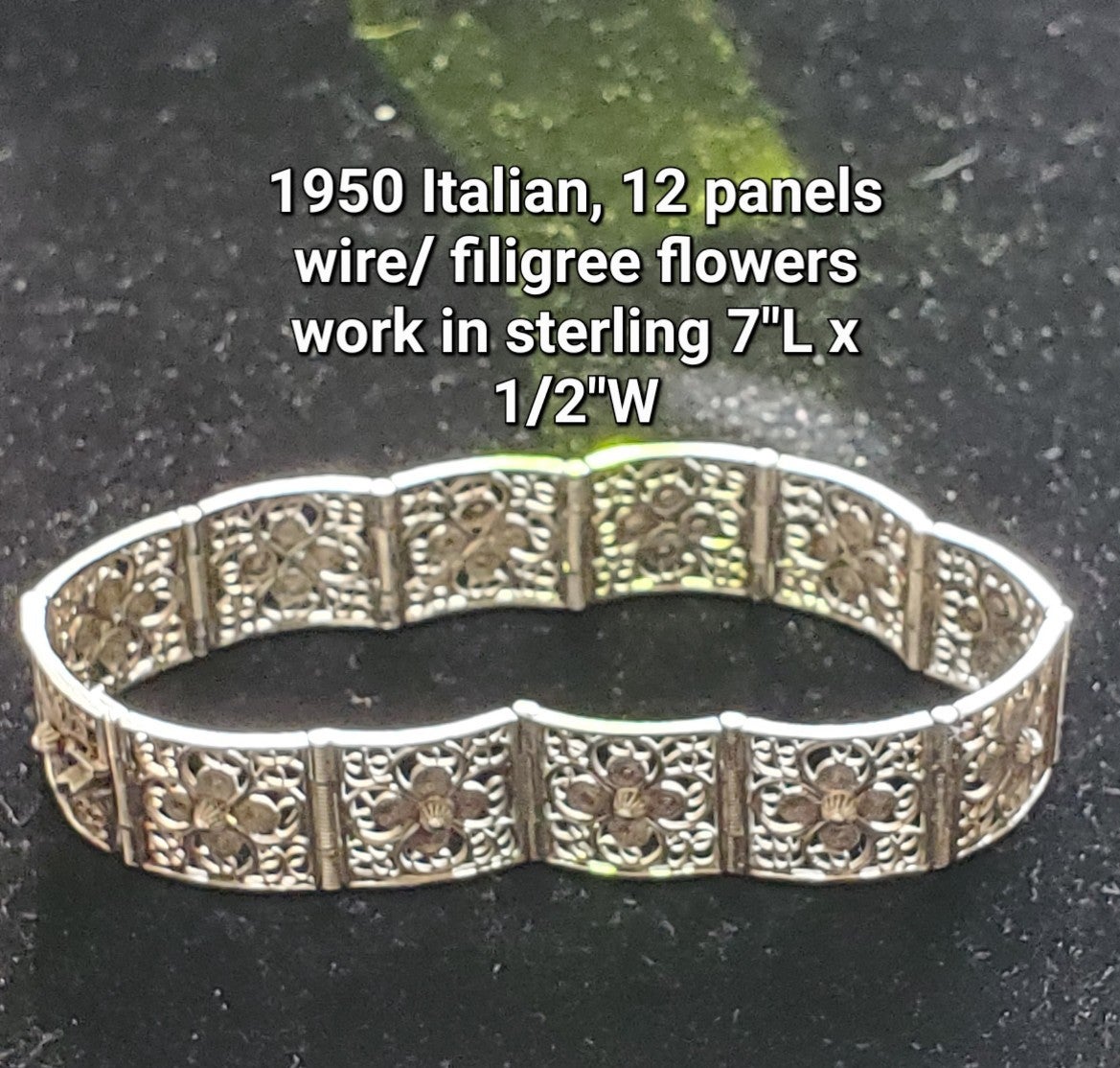 Exquisite 1950 Silver Filigree Flowers 12 Panel Bracelet