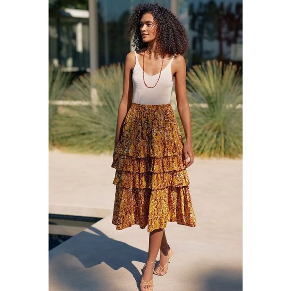 New Anthropologie Floral A-Line Midi Tiered Ruffle Skirt Love The Label Size S