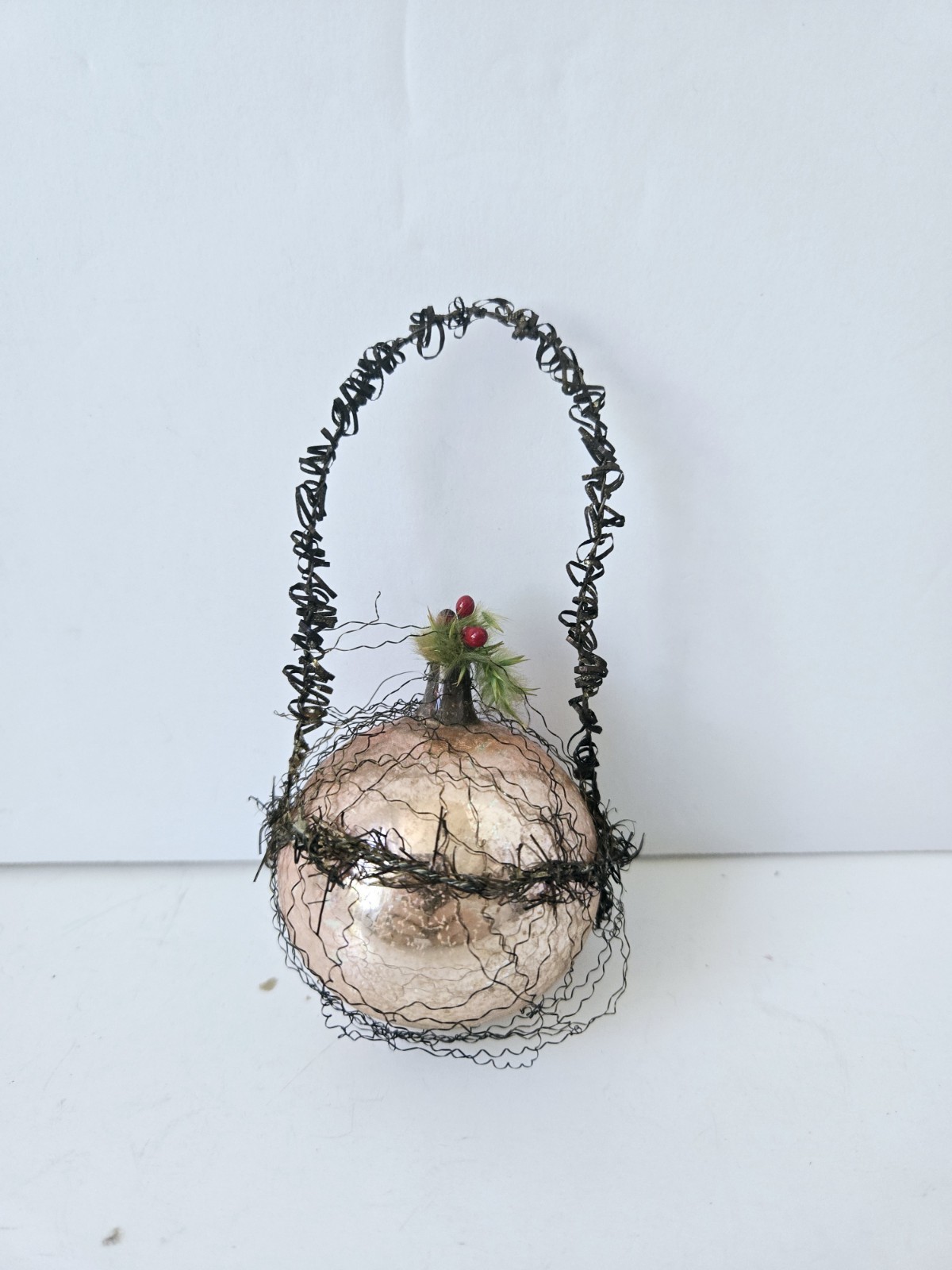 Vintage Christmas ornament glass wire wrapped cage flowers berries