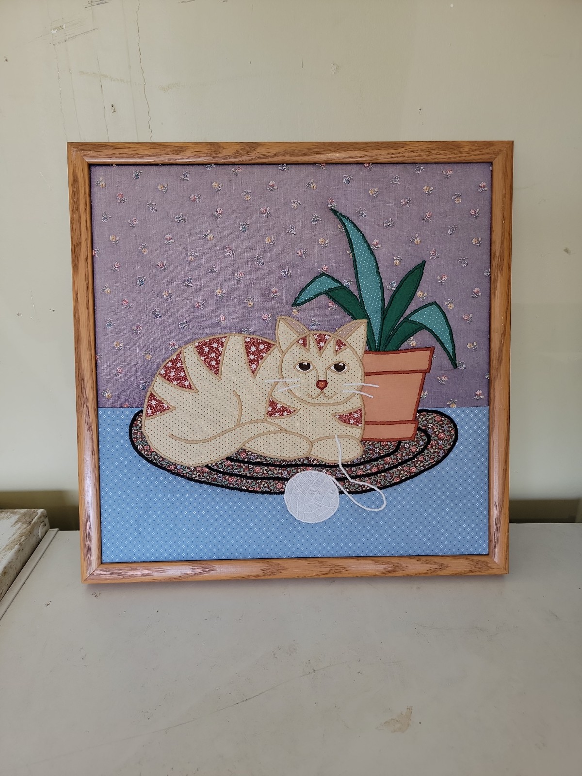 Quilted Embroidery Art Cat with Yarn and Plant Framed