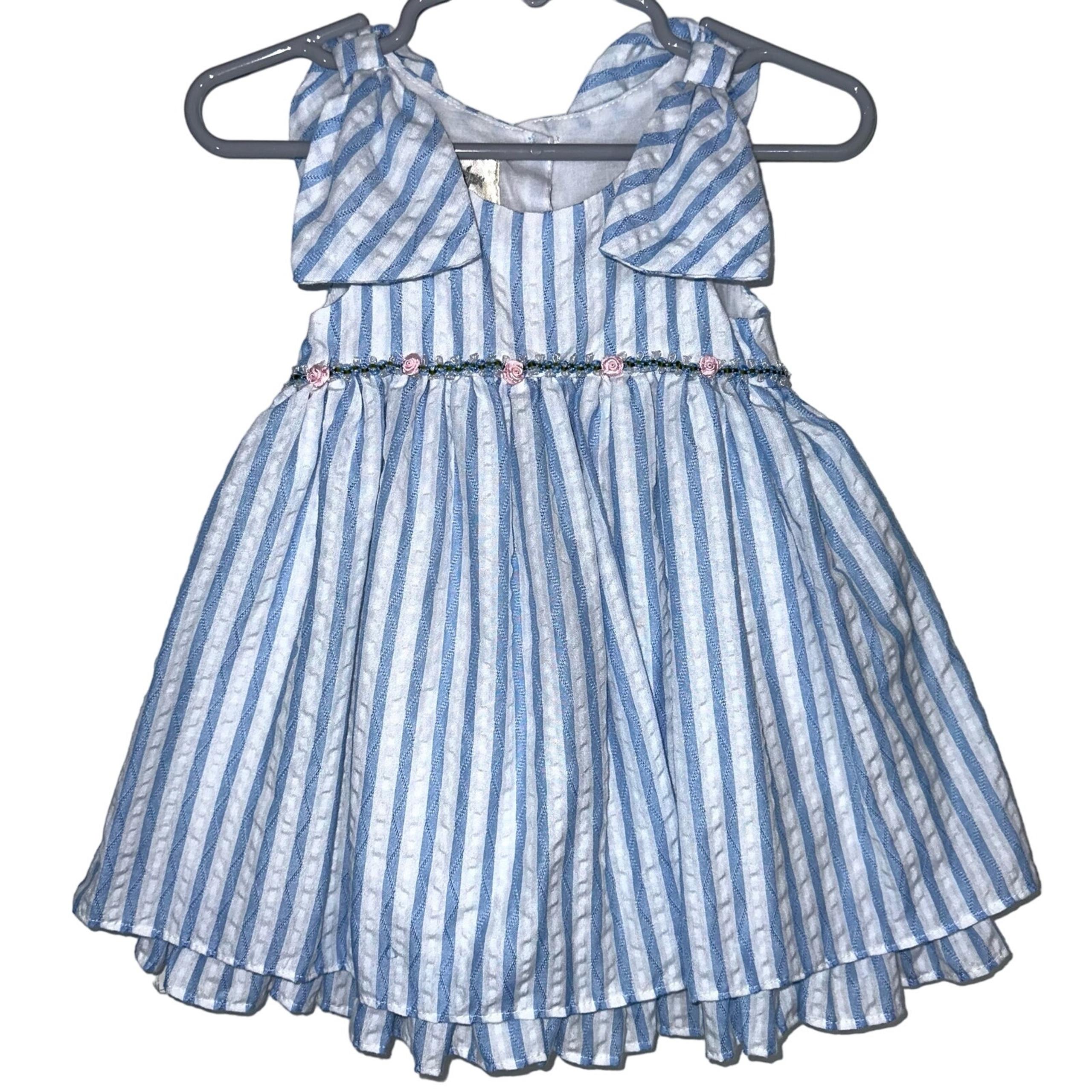 Laura Ashley Baby Blue Striped Seersucker Dress Size 12M