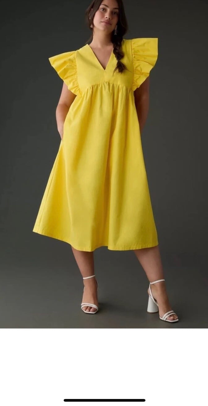 Anthropologie Maeve Flutter-Sleeve Babydoll Pockets Cotton yellow Summer Dress S