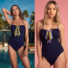 NWT Trina Turk Zebra Solid Lace Up Ribbon Navy Bandeau One Piece Swimsuit Size 6