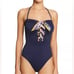 NWT Trina Turk Zebra Solid Lace Up Ribbon Navy Bandeau One Piece Swimsuit Size 6
