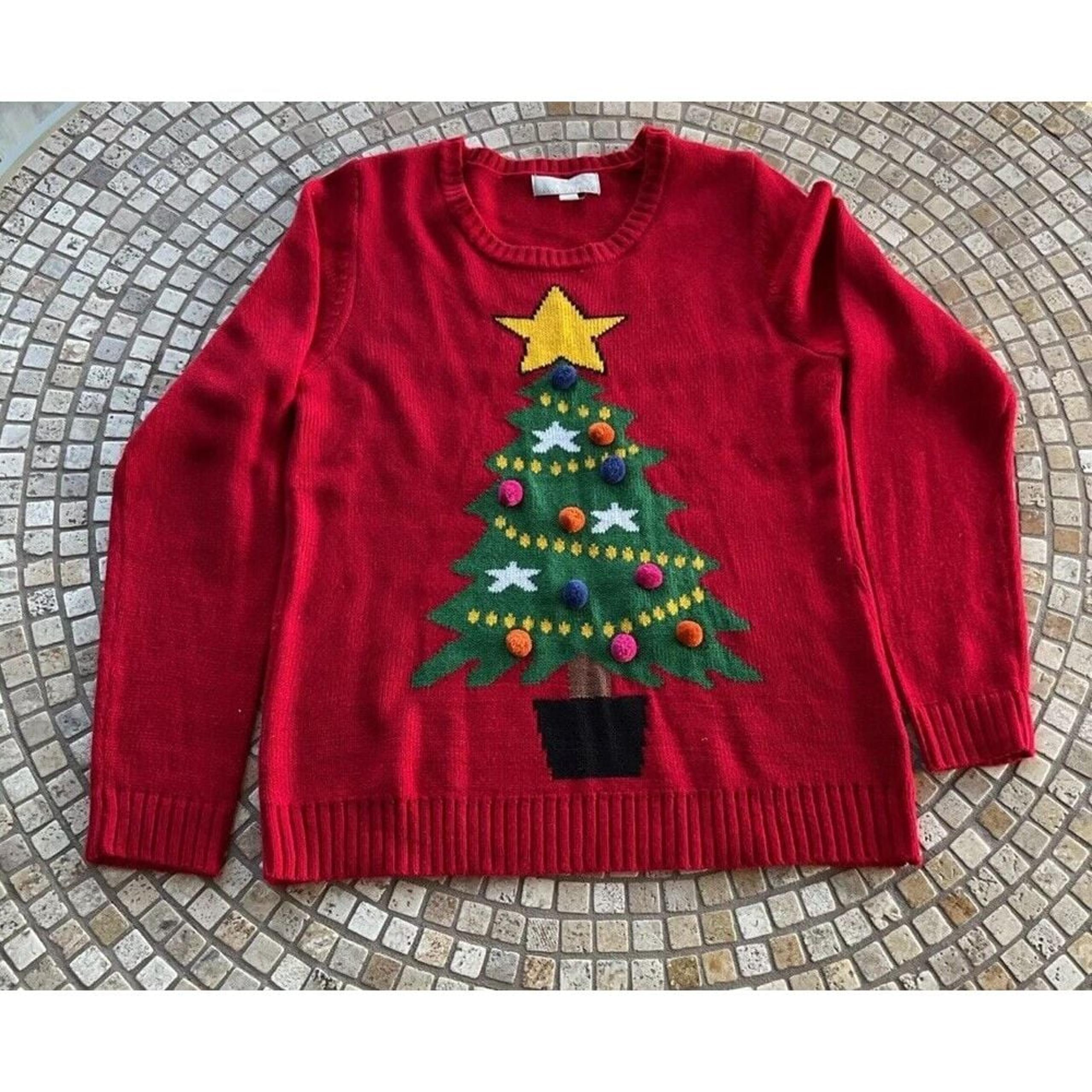 Large Carolyn Taylor Women's Christmas Tree  Pom Pom Red Green Knit Sweater