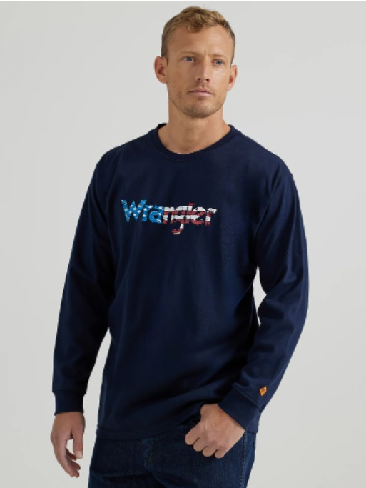 NWT Wrangler® FR Flame-Resistant Long Sleeve Graphic T-Shirt Navy Flag Size: M