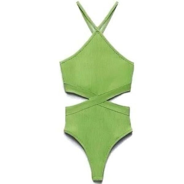 Zara Y2K 90s Ribbed Green Cutout Tank Cami Bodysuit size Small NWT