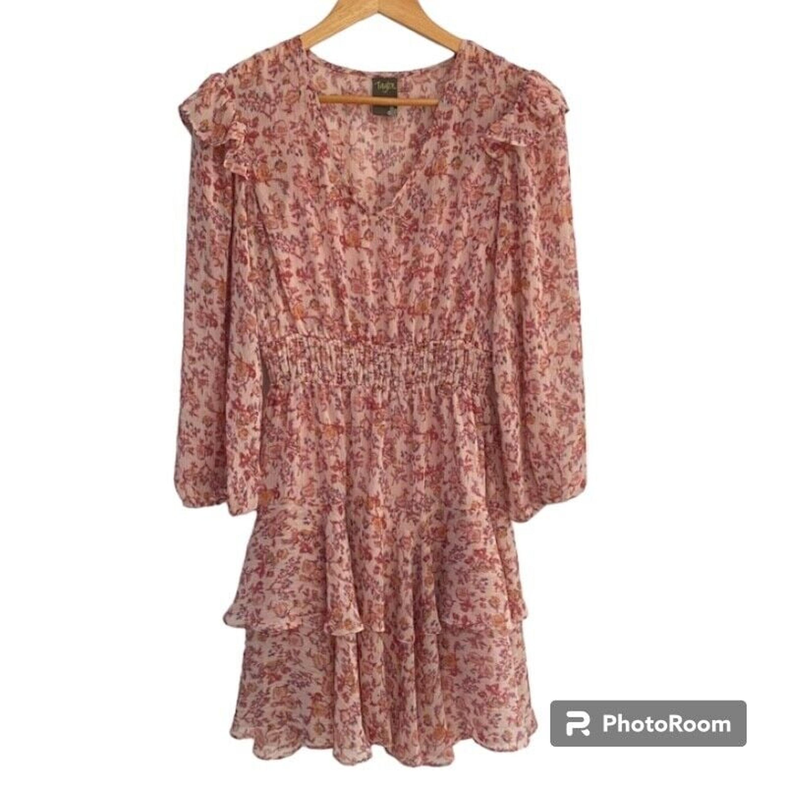 Taylor 3/4 Sleeve Mini Dress Size 10 Peach Sands Floral Ruffles V-Neck Fit&Flare