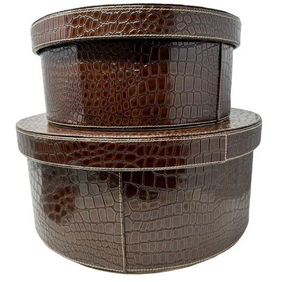 2 Vintage Faux Croc Brown Animal Print Round Hat Storage