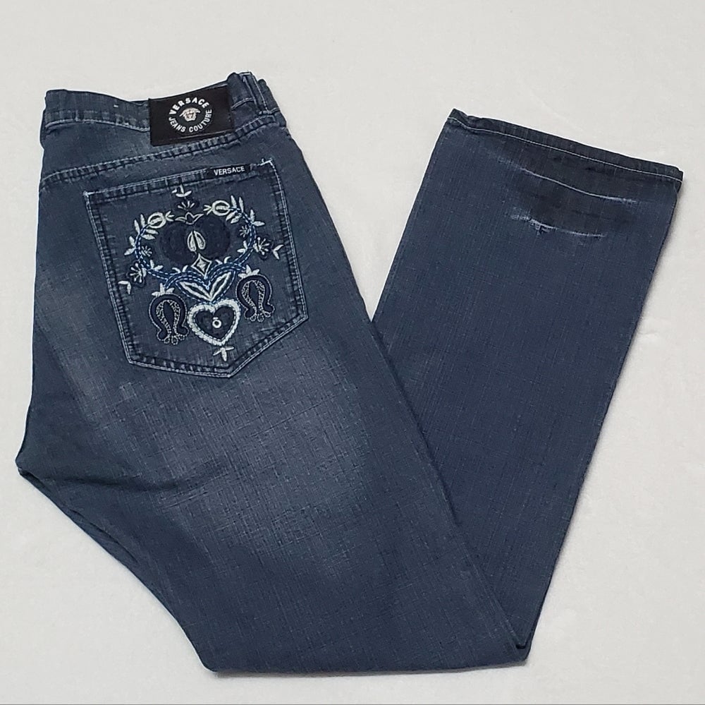 Rare Vintage 90s Versace Men's Distressed Straight Leg Floral Embroidered Jeans