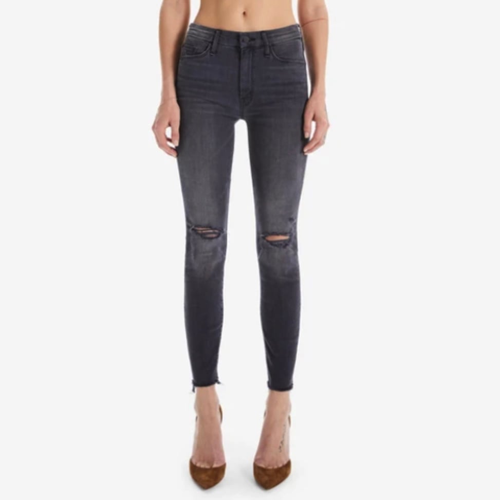 mother - the looker ankle fray jeans high waist distressed raw hem stretch denim