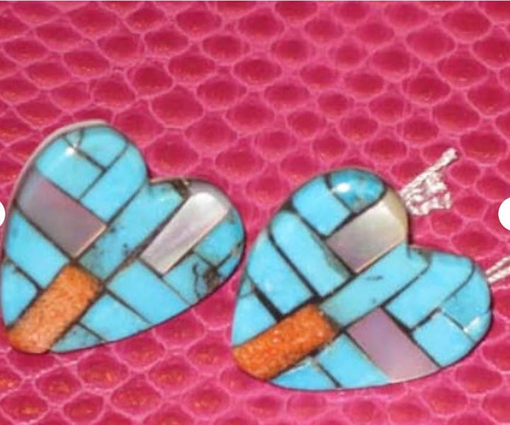 Inlay Turquoise Coral Heart Post Earrings Sterling Silver