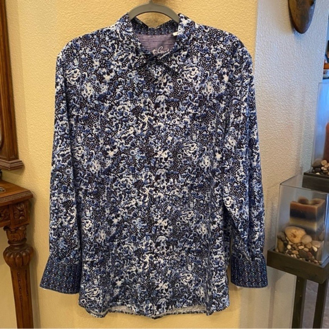 ROBERT GRAHAM Men Blue Floral Print Buttoned Flip Cuff Shirt Size XL
