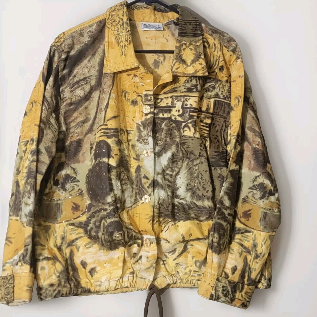 Vintage Yellow Rhinestone Cat Jacket Women's XL Denim w Drawstring Waist Unique