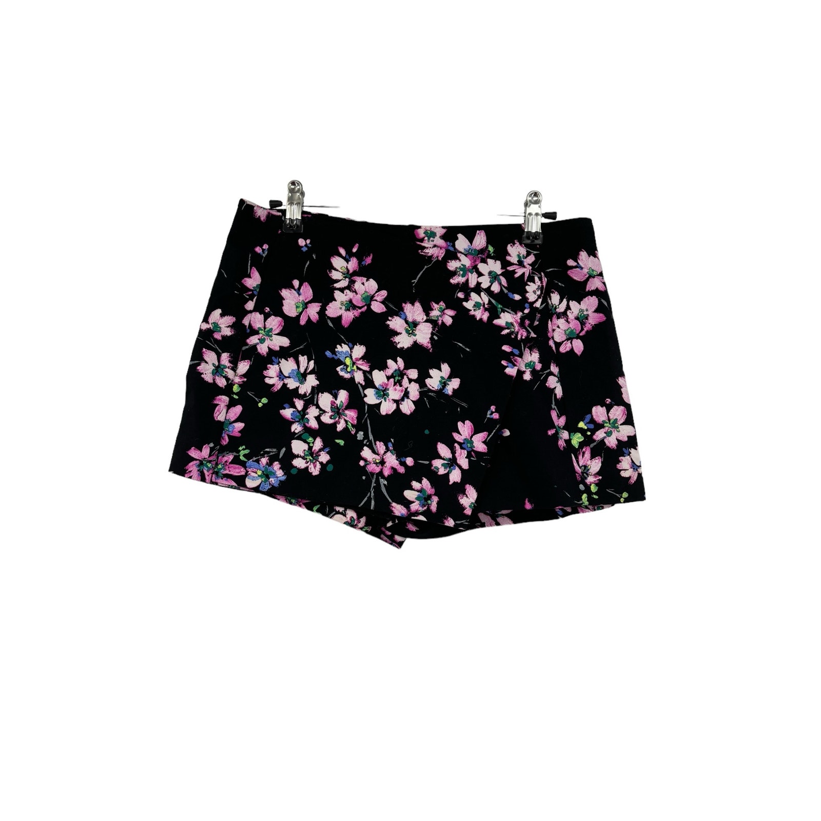 Express Skort Womens 4 Floral Faux Wrap Mini Skirt Shorts Black Pink Mid Rise