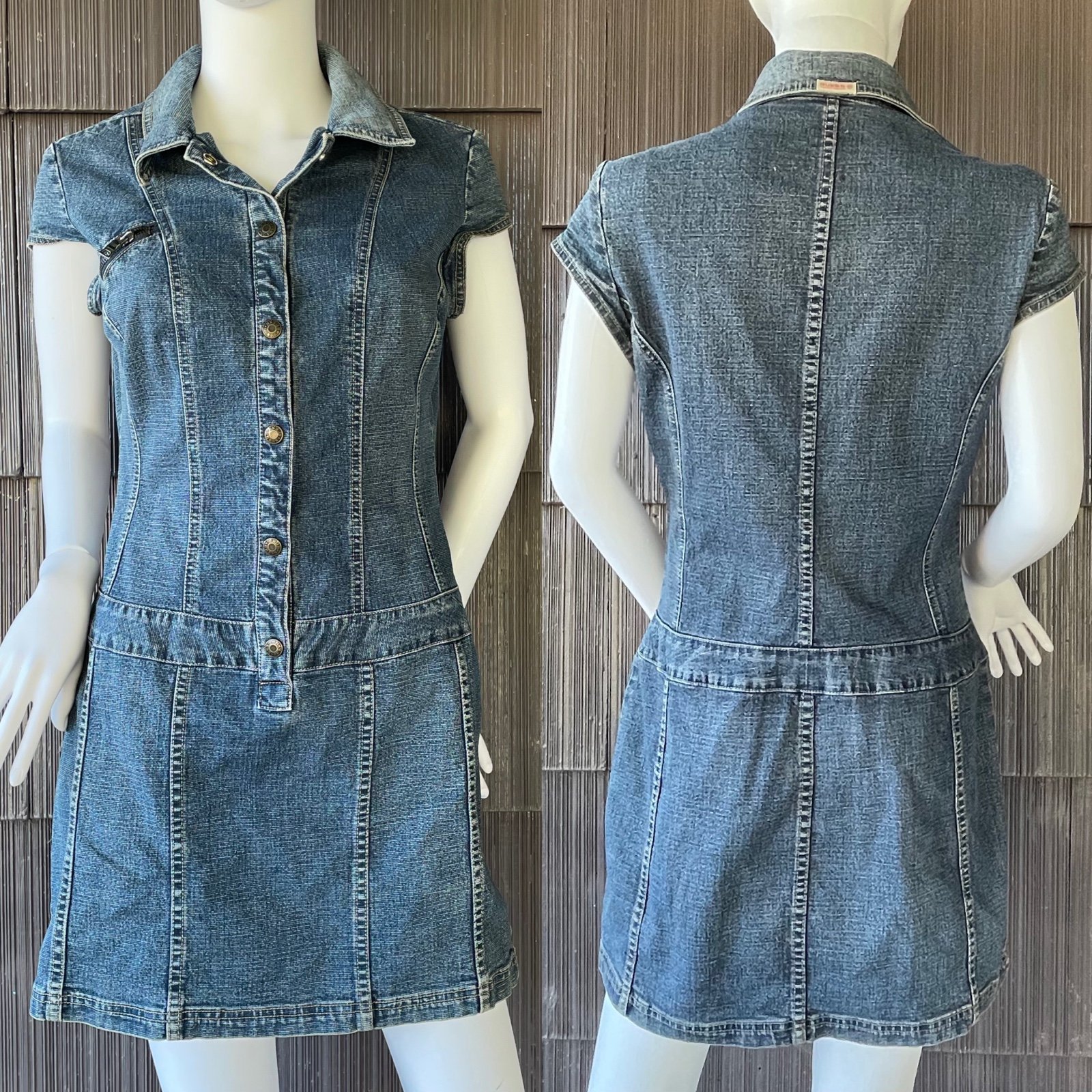 Vintage Y2K Guess Denim Mini Dress Mid Wash Blue Stretch Jean Women Size S-M