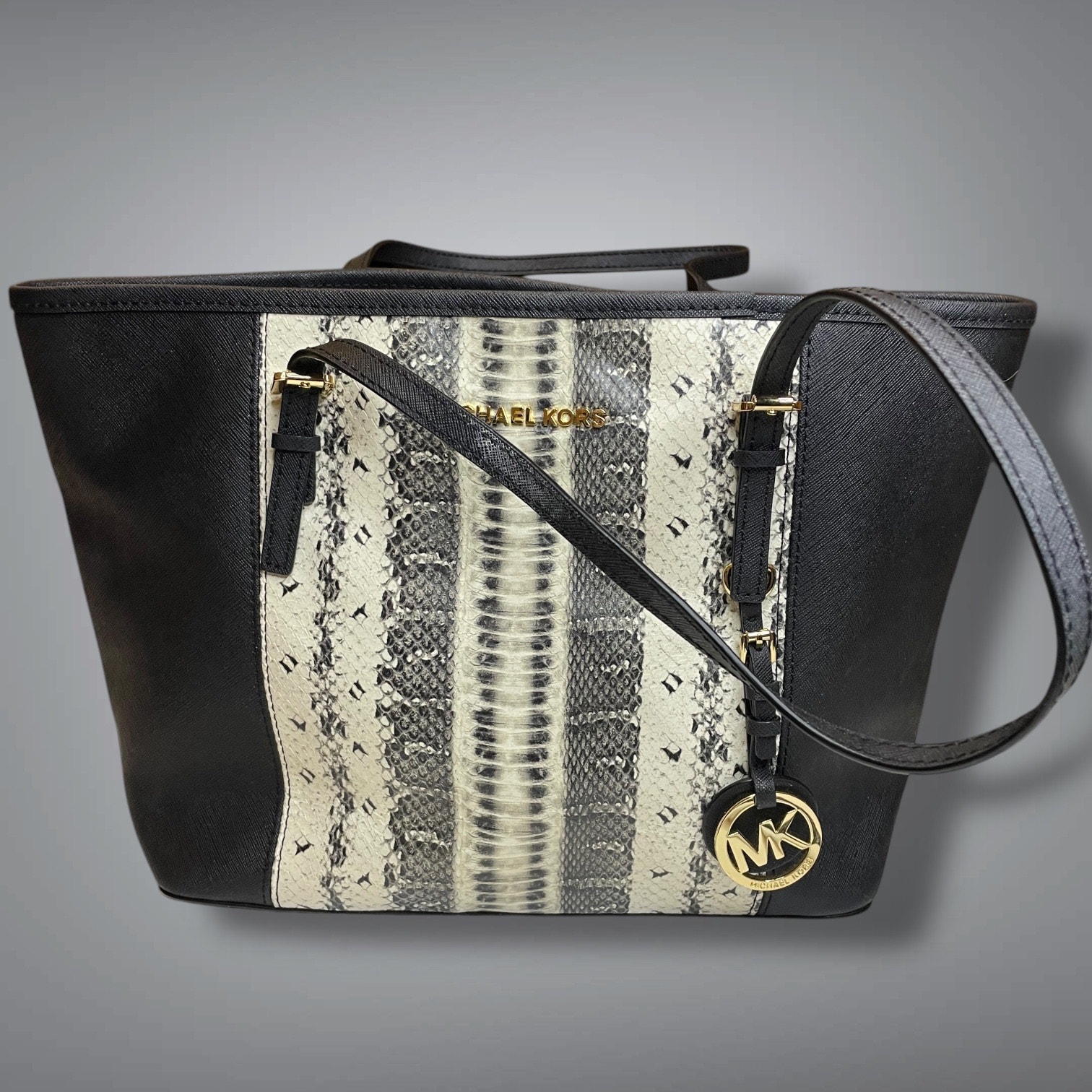MICHAEL KORS Black Saffiano Leather Shoulder Purse With Python Panel Like New