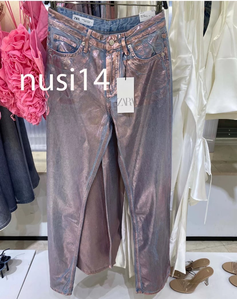 ZARA NEW MID WAIST FULL LENGTH TRF FOIL JEANS 4 US