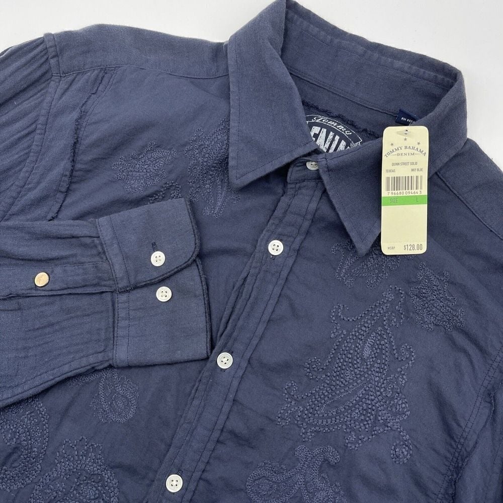 NWT Tommy Bahama Denim Shirt Men Large Blue Quinn Street Solid Embroidered
