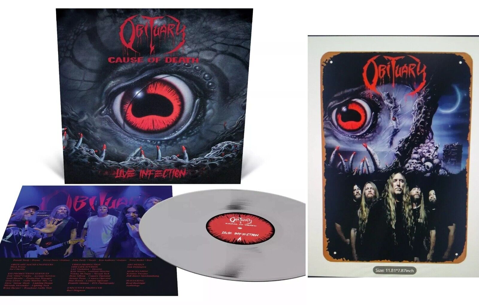 OBITUARY Cause Of Death Live Infection LP Silver Vinyl Ltd to 1000 + Tin Sign