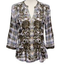 Johnny Was Workshop Blouse Womens Sz S Green Plaid Embroidered Floral Button Top